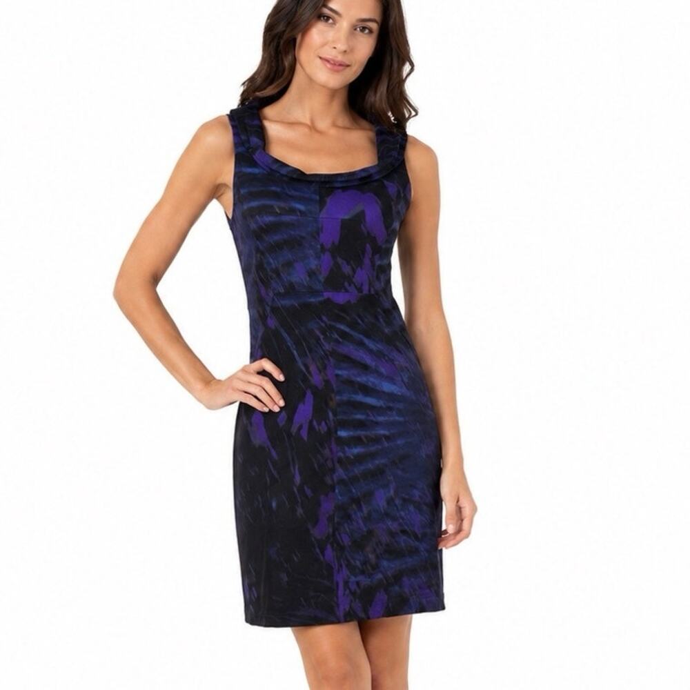 Theory Size 2 Benja Watercolor Sheath Dress Blue Draped Cowl Neck Cocktail